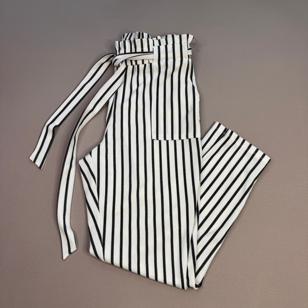 Windsor Black White Striped Paperbag Waist Tie Pants SP8220 Medium